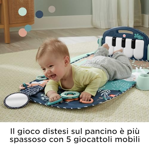 Fisher-Price - Palestrina Baby Piano 4 in 1, tappetino con pianoforte musicale e giocattoli per il gioco distesi sul pancino, cerbiatto blu [esclusiva Amazon], giocattolo per bambini 0+ Mesi, HKX37 - 3