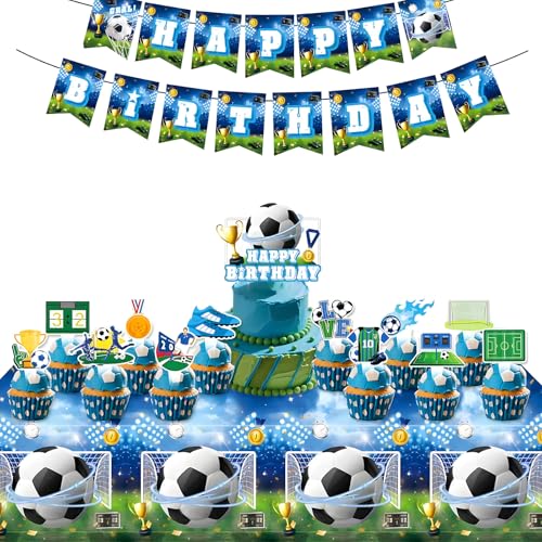 pekifaves Décoration d'anniversaire de football, décoration de gâteau pour garçon, bannière de football, décoration de gâteau, nappe pour fête...
