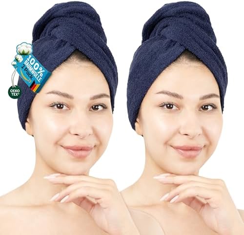 Hammetex Haarturban 2er Set mit Knopf, Haarhandtuch 100% Baumwolle | OEKO-TEX zertifiziert, saugstark, trocknet das Haar schnell, für lange & lockige Haare, sanft zur Kopfhaut, für