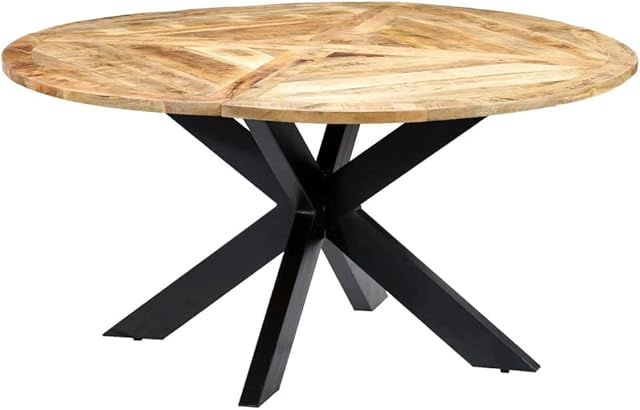 vidaXL Solid Mango Wood Dining Table Round Powder-coated Iron with 3 Leg Base Stable Durable Dining Room Table Kitchen Furniture Brown 150cm