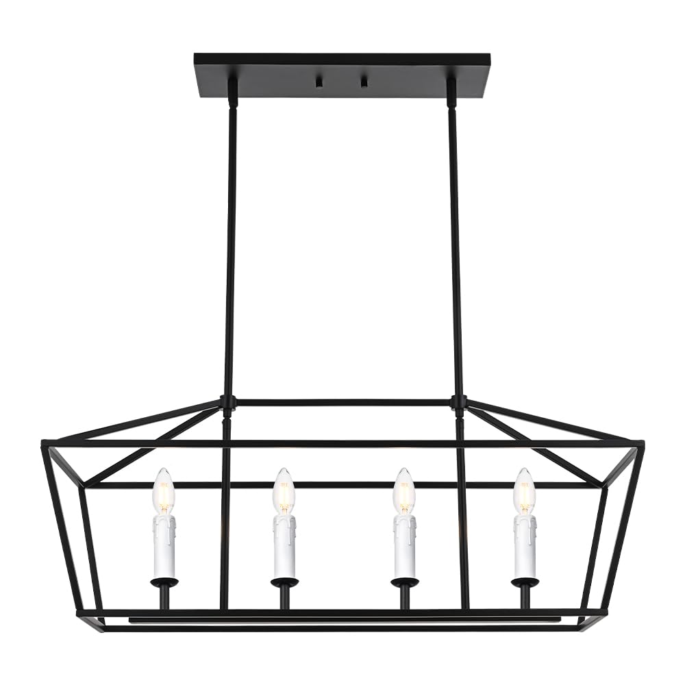 BONLICHT Modern Linear Chandelier Black 4 Light Industrial Kitchen Island Pendant Light Fixtures Ceiling Hanging with Metal Cage