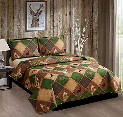 Rustic Lodge Quilt Set Twin Size Country Cabin Bedding Set Moose Deer Reversible Bedspread Soft Lightweight Coverlet Wolf Eagle Printed Farmhouse Decor Bed Cover Sets With 2 Pillow Shams #TOP1
