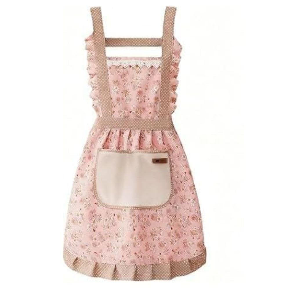 Floral Kitchen Apron for Women, Cotton Linen Cooking Apron with Front Pocket, Adjustable Cross Back Bib Apron for Baking, Gardening & Housework-image-29
