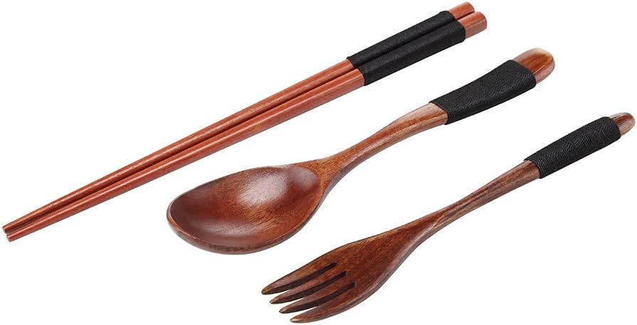 Ecloud Shop® Handmade Wooden Chopsticks, Spoon and Fork Set with Tableware Bag