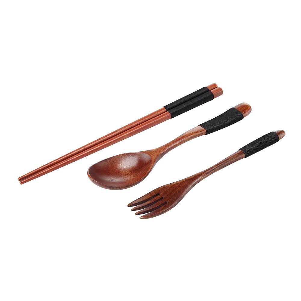 Ecloud Shop® Handmade Wooden Chopsticks, Spoon and Fork Set with Tableware Bag