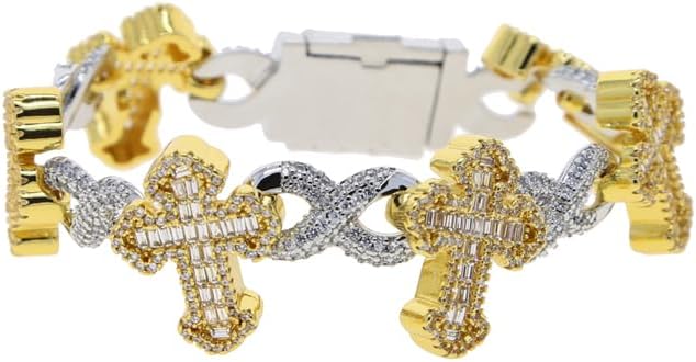 Hip Hop Men Jewelry Two Tone Gold Color Micro Paved 5A Sparking CZ Iced Out Bling Infinity Cross Charm Bracelet