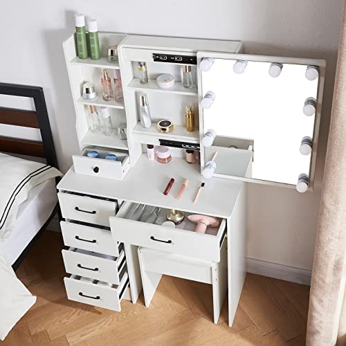 Buildonely Schminktisch mit LED Beleuchtung, Kosmetiktisch mit Spiegel für Make up, 3 Farbtemperaturen und Einstellbarer Helligkeit, Frisiertisch mit 3 offenen Fächern, 6 Schubladen, 1 Hocker, Modern