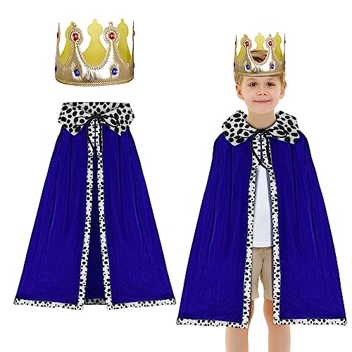 DKINY 2pcs Capa Rey para Niños Azul Medieval Príncipe Rey Reina Disfraz Infantil de Rey con Túnica y Corona Lunar Cosplay Disfraz de Rey Capa de Terciopelo Los Reyes Magos Fiesta Carnaval Halloween