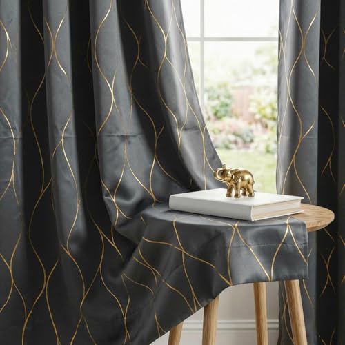 Image of Urban Space 80-85% True Blackout Curtains for Door, Gold Foil Printed Blackout Curtains, Blackout Decorative Door Curtain Eyelet with Tieback, 1 Piece Curtain for Living Room(Wave Stone Gray, 7 Feet)
