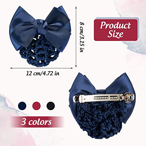 Txin 3 Pieces Hair Snood Net Bun Cover Knit Hairnet Bow Bowknot Decor Barrette Hair Clip For Women Mesh Work Hairnets, Black & Navy Blue & Red #TOP1