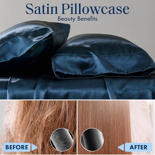Image of Madison Park Essentials Satin Pillowcase Set of 2, Standard Midnight Blue | Pillowcase Cover for Hair & Skin, Luxuriously Soft, Natural Sheen Luster, Cool to Touch, Wrinkle-Free, Machine Washable