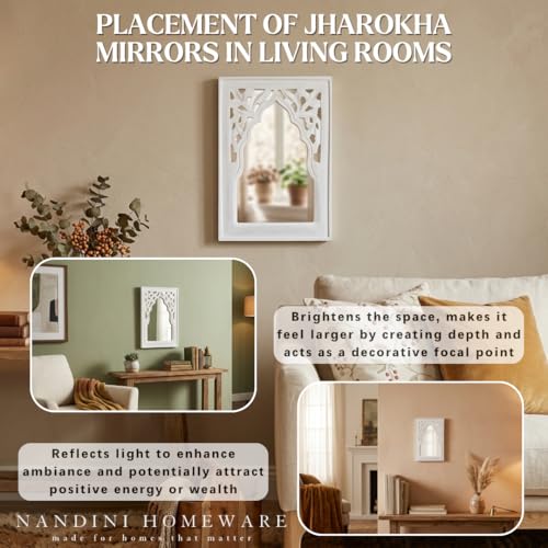 Image of Handcrafted Traditional White Rajasthani MDF Wooden Mirror Jharokha Wall Art | Rajasthani Heritage Boho Style Decorative Wall Hanging (White Rajasthani)