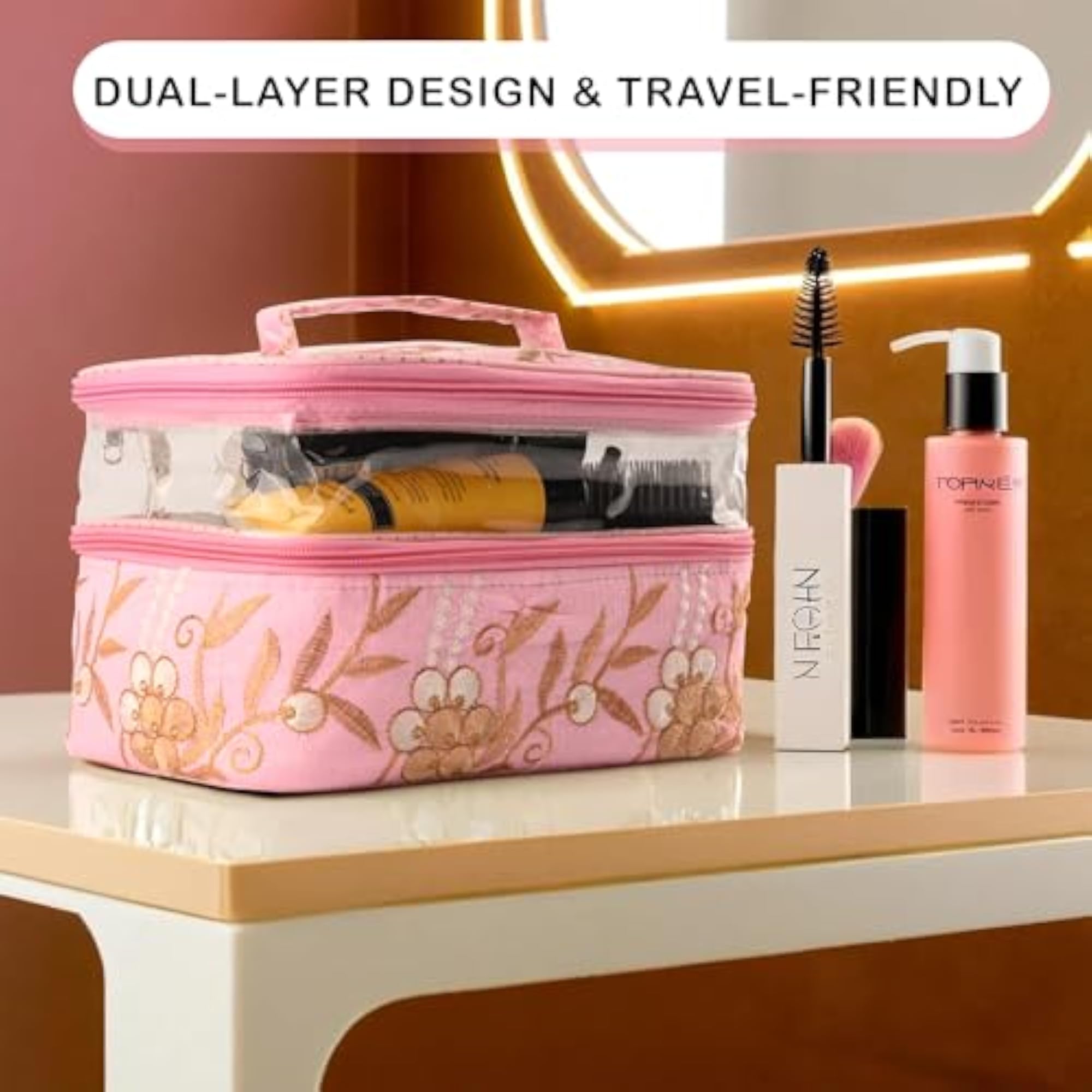 Pack of 2 Dual Layer Cosmetic Bag with Handle