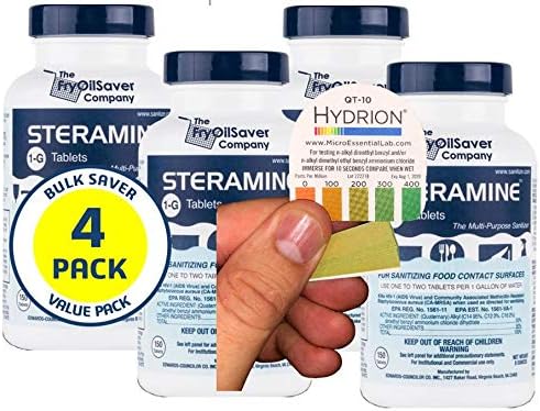 Steramine Sanitizing Tablets, Multi Purpose Contact Solution Sanitizer Tablets for Gyms, Bar & Restaurant Cleaning Supplies, 1x Test Kit of 30 QT-10 Test Strips by FryOilSaver Co. 4-Pack (600 Tablets)