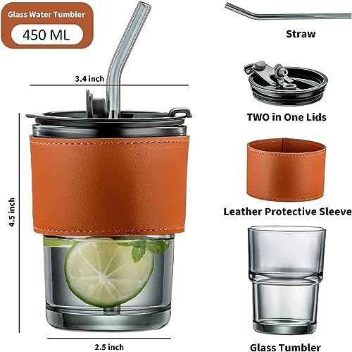 Image of 400ml Glass Sipper Mug with Leather Grip Sleeve - Leak-Proof Lid & Straw | Reusable Tumbler for Hot & Cold Beverages, Water, Juice, Coffee | Home, Bar, Office Use (Small Black Lather Mug)