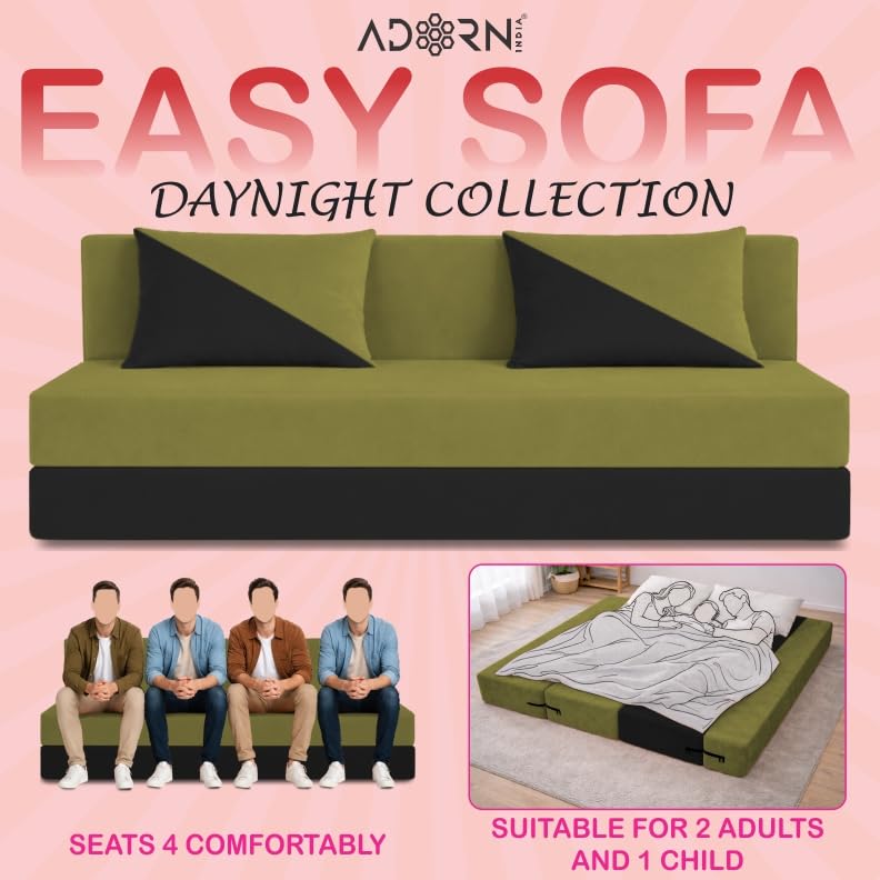 Image of Adorn India Easy Desmond 4 Seater Sofa Cum Bed 6 x 6 Velvet (Light Green & Black) (1 Year Warranty)