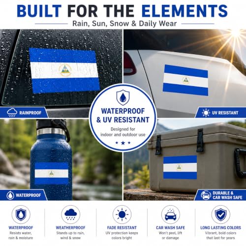 Image of Nicaragua Vinyl Flag Stickers, Car Decals, Waterproof Indoor Outdoor, Laptop Stickers, Car Bumper, Nicaraguan Flag, 5 x 3 Inches, Set of 3