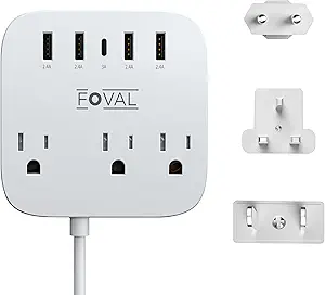 European Travel Plug Adapter, FOVAL EU UK US Power Strip with USB C and 4 USB Ports, 3 AC Outlets, Wall Mountable, 5ft Extension Cord, Compact for Travel, Cruise Ship, Home Office