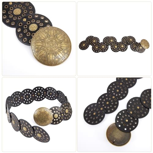 NUMJAW Disc Western Belts for Woman Cowgirl,Circle Boho Belts For Women,Faux Leather Conch Waist Chunky Belt,Black Cowboy Metal Buckle Western Style Wide Country Belt for Dress Jeans3