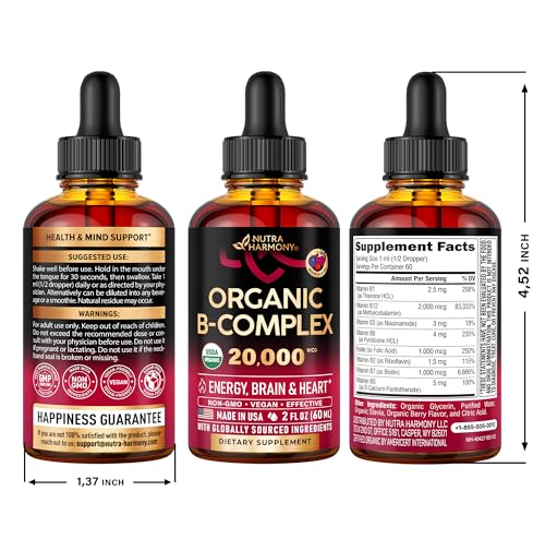 Nutraharmony NH-BCD-1023 Usda Organic Vitamin B-Complex B5 Pantothenic Acid | B12 Methylcobalamin | B1 Thiamine | B6 Pyridoxine | B7 Biotin | B9 Folic | B3 Niacinamide - B Complex Liquid Drops, Made In Usa Supplement thumb #8