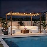 PURPLE LEAF 10' x 13' Outdoor Retractable Pergola with Sun Shade Canopy Patio Metal Shelter for Garden Porch Pavilion Natural Wood Grain Frame Modern Yard Grill Pergola with 24 LED String Lights Khaki