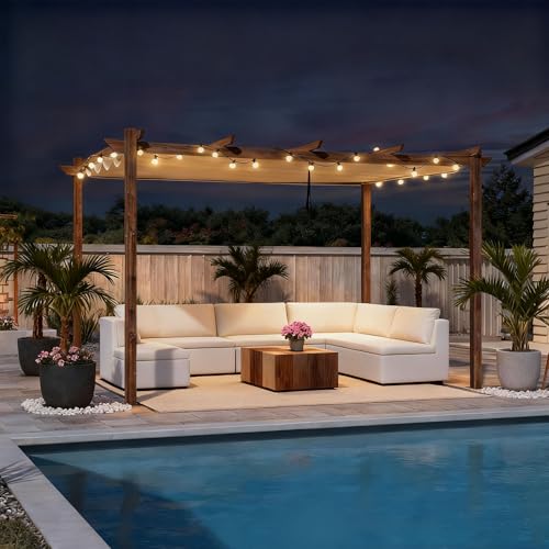 PURPLE LEAF 10' x 13' Outdoor Retractable Pergola with Sun Shade Canopy Patio Metal Shelter for Garden Porch Pavilion Natural Wood Grain Frame Modern Yard Grill Pergola with 24 LED Lights Khaki