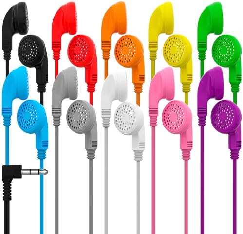 RedSkyPower 10 Pack Multi Color Kid's Wired Earphone Headphones, Individually Bagged, Disposable Earphones Ideal for Students in Classroom Libraries Schools, Bulk Wholesale