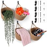 4 Pack Fabric Wall Hanging Baskets, Woven Pouchs with Adhesive Hooks Boho Style Wall Mounted Bag, Storage Decoration Pocket Caddy for Living Room, Bedroom, Kitchen (Linen, 6.5 x 6.5 x 6.7 inches)