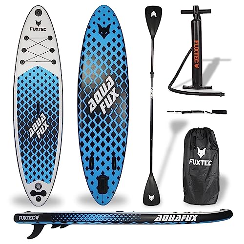 Fuxtec Aufblasbares SUP Board Set Blau/Weiß – Stand Up Paddle Board 320 x 81 x 15 cm mit 3 Finnen – Touring-Board belastbar bis 150kg – inkl. Packsack