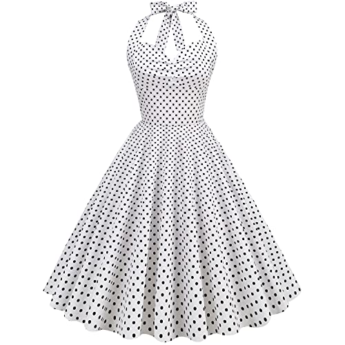 Wellwits Women's Pleated Lace-up Back Halter Polka Dots Vintage Dress White L