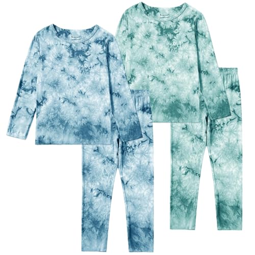 Jimonda Kids Toddler Soft Rayon From Bamboo Pajamas Long Sleeve Boys Girls Sleepwear Outdoor 4pcs Set Tops&Pants Casual Tie Dye Pj(Blue&Green,9-10Y)