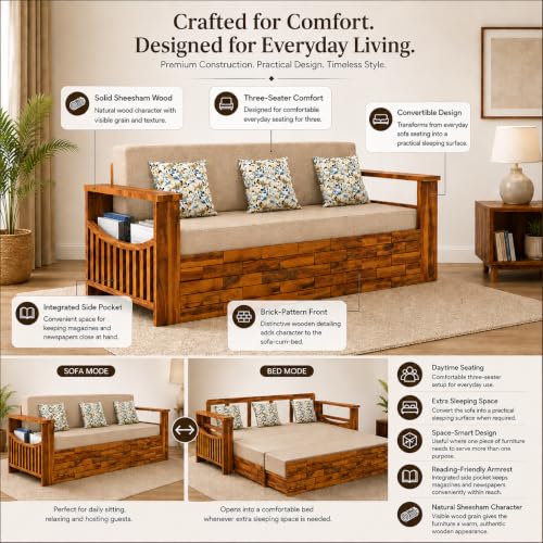 Image of Douceur Furnitures Solid Sheesham Wooden 3 Seater Sofa Cum Bed with Mattress,Cushions & Side Pockets,Wood Foldable Convertible Sofa 3 Seater Diwan Cum Bed for Living Room & Office|Natural Teak Finish