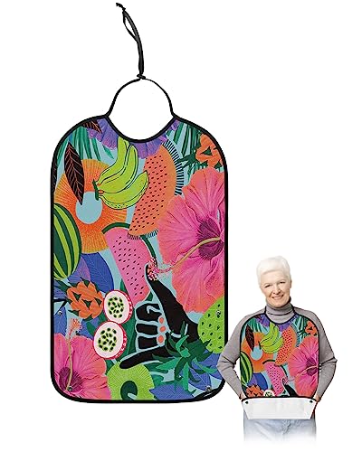 Flower Fruits Adult Bib for Eating with Crumb Catcher,Washable & Waterproof Terry Cloth Adjustable Elderly Women Men Adult Bibs Funny Clothing Protector Colorful Summer Leaves Funny Black Gesture