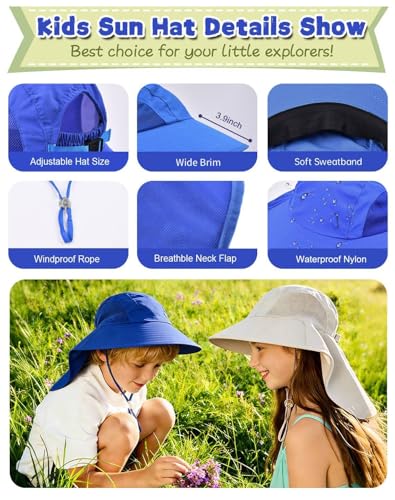 Image of Rosoz Kids Sun Hat with Neck Flap UV Protection Summer Toddler Beach Hat Unisex Ponytail Hat Wide Brim Fishing Hat