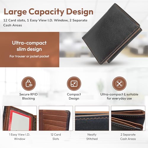Premium Wallet for Men Genuine-Leather RFID Blocking Trifold Stylish Wallet With Easy-View I.D. Window, 2 Cash Pockets, and 12 Card Slots + Additional Storage (Black/Toffee (No Saddle))2