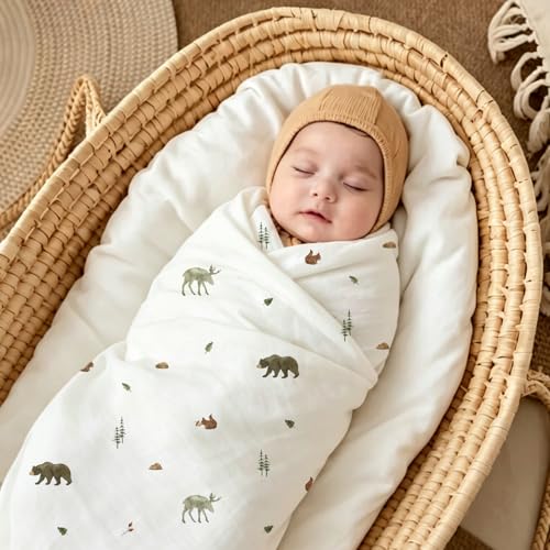 Image of POMISO Muslin Swaddle Blankets for Boys & Girls, Newborn Receiving Blankets, 4 Pack Soft Breathable Baby Swaddles, Large 47x47 Inches, Forest Animals