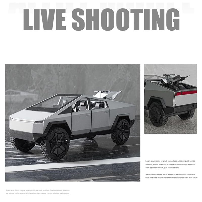 Image of Kids Model 1:24 Cyber Truck Die Cast Metal Car Pull Back Action Opening Doors with Realistic Engine Sound Lights Toy Car Gift for Boys - Silver