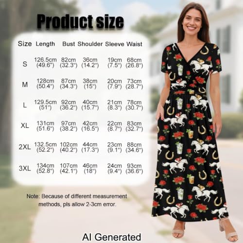 Image of Women's Fall Summer Short Sleeve Ankle Length V-Neck Party Dress with Pockets Size S-3XL