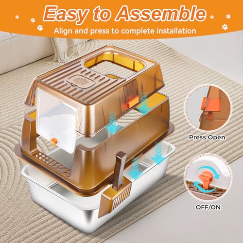 Bartuke Stainless Steel Cat Litter Box with Lid, XXL Extra Large Enclosed Litter Box for Big Cats High Sided Metal with Removable Lid & Scoop, Front &Top Entry Odor Free, Anti-Leakage, Easy Cleaning