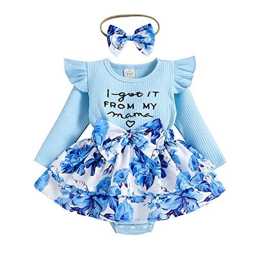 Infant Baby Girl Floral Tutu Romper Dress I Got It from My Mama Long Sleeve Jumpsuit Fall Outfit Clothes (Blue,6-12 Months)