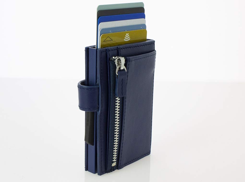ÖGON Smart WalletsCascade Zipper Snap Wallet - Pop-Up RFID Blocking Bifold Card Wallet - Leather & Anodised Aluminium (Navy Blue Leather)