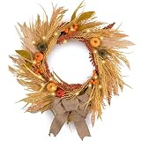 DecorbyHannah Fall Wreath for Front Door Outside, 24'' Collapsible Pre-Lit Rustic Farmhouse Autumn Harvest Door Wreath with Pumpkin Wheat Burlap Bow, Outdoor Fall Decorations for Home Mantle Porch