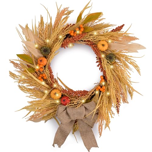 DecorbyHannah Fall Wreath for Front Door Outside, 24'' Collapsible Pre-Lit Rustic Farmhouse Autumn Harvest Door Wreath with Pumpkin Wheat Burlap Bow, Outdoor Fall Decorations for Home Mantle Porch