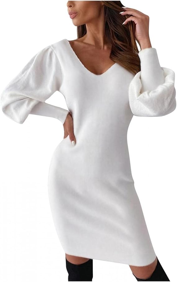 Amazon Co Jp Sabwery レディース ワンピース 長袖 きれいめ バックレス 透かし彫り ヒップスカート 膝上 パフスリーブ クラブドレス レース タイトワンピース Vネック エレガント イブニングドレス ファッション キャバ 結婚式 お呼ばれ 春 夏 秋 冬 シューズ バッグ
