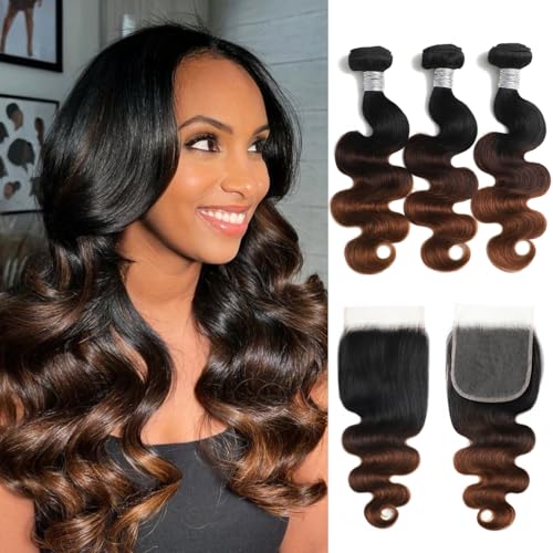 AUROO Chestnut Brown Ombre Body Wave 3 Bundles with 5x5
