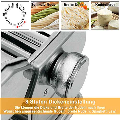 Froadp Manuelle Nudelmaschinen aus Edelstahl Pasta Walze Maschine 8 Stufen Dickeneinstellung Pastamaschine mit Cutter… – Bild 3