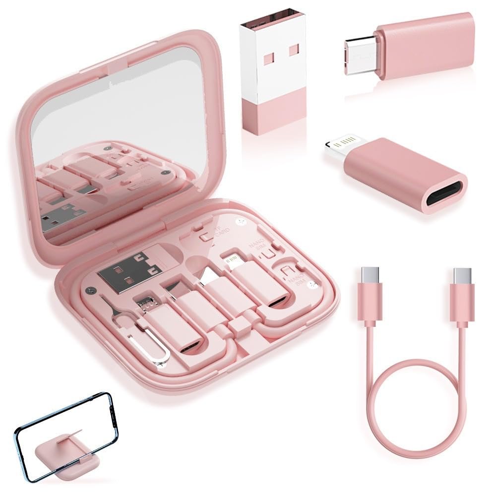 evron USB Adapter Multi-Type Charging Convertor, Micro USB Box with Phone Kickstand, USB c to Micro USB,Type c to Lightning & SIM Card Pin (Pink Mirror)