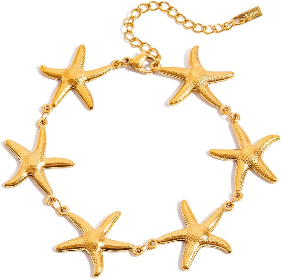 18K Gold Plated Starfish Charm Bracelet for Women Stainless Steel Vintage Fashion Sea Star Adjustable Link Chain Bracelets Delicate Ocean Theme Summer Beach Trendy Jewelry