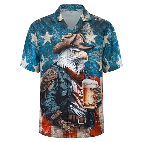 SightYoung Patriotic Hawaiian Shirt for Men,4th of July Independence Day Button Up Shirt,Bald Eagle Beer Shirts,Oktoberfest Bavarian Shirts Men,L