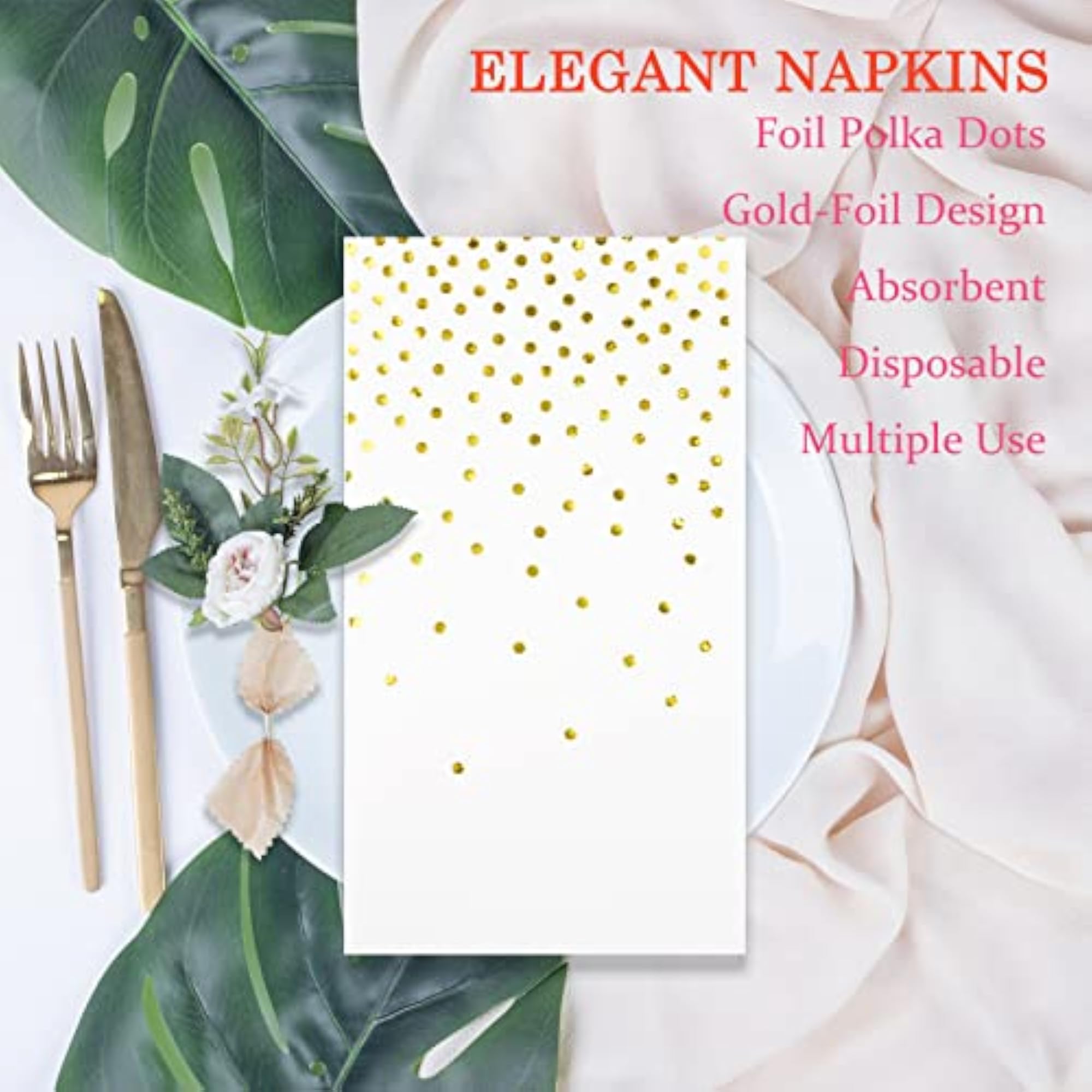White and Gold Foil Mini Polka Dots Napkins, 100 Pack